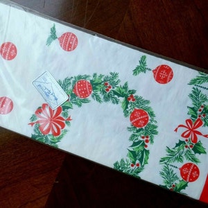 Large Vintage Christmas Shiny Brite Ornaments Holly Berries Wreath Holiday Dinner Party Paper Tablecloth