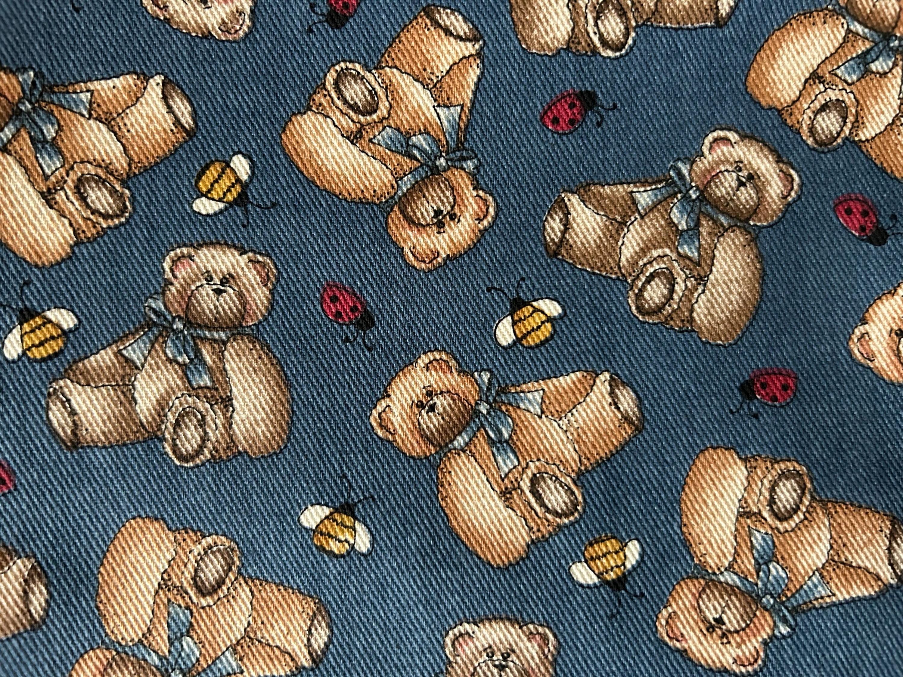Vintage Teddy Bear Denim Fabric: Ladybug Bumble Bee Print