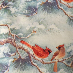 Vintage Christmas Red Cardinals Redbird Snow Fir Tree Gift Wrap Wrapping Paper