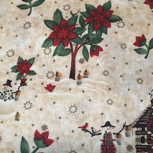 2003 Carol Endres Cabin Cloth Christmas Log Cabin Snowman Red Poinsettias Cotton Fabric