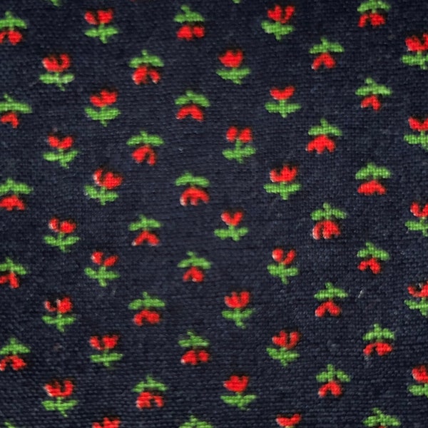 Vintage Miniature Red Tulips Green Navy Blue Floral Cottage Garden Cotton Fabric