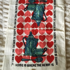 Vintage 1960&#39;s Retro S.S. Kresge Home Is Where The Heart Is Cup of Coffee Fringed All Cotton Terrycloth Hand Towel