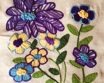 Vintage Hand Embroidered Purple Blue Yellow Green Flowers Floral Cottage Garden Finished Needlepoint Art