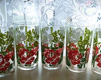 Set of 5 Vintage Libbey Retro Kitchen Red White Green Roses Rose Garden Beverage Tumbler Glasses