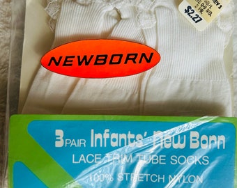 3 Pair New Vintage Infants Newborn Lace Trimmed Tube Socks 100% Stretch Nylon