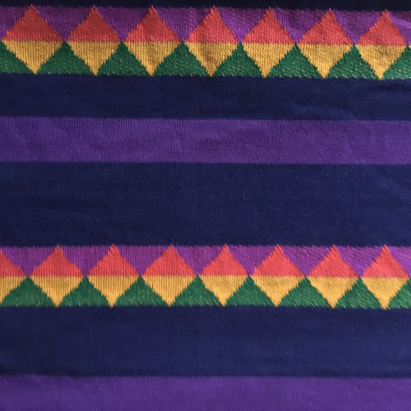 Vintage 1970's Funky Retro Purple Navy Blue Green Yellow Orange Stripe Striped Triangle Diamond Jersey Knit Fabric