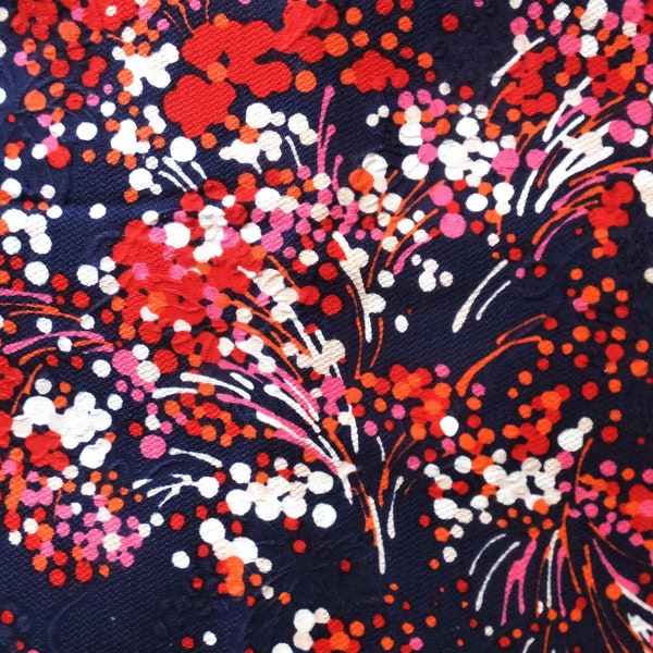 Vintage Retro 1960's Floral Orange Pink Red White Navy Blue Colorful Raised Polyester Fabric