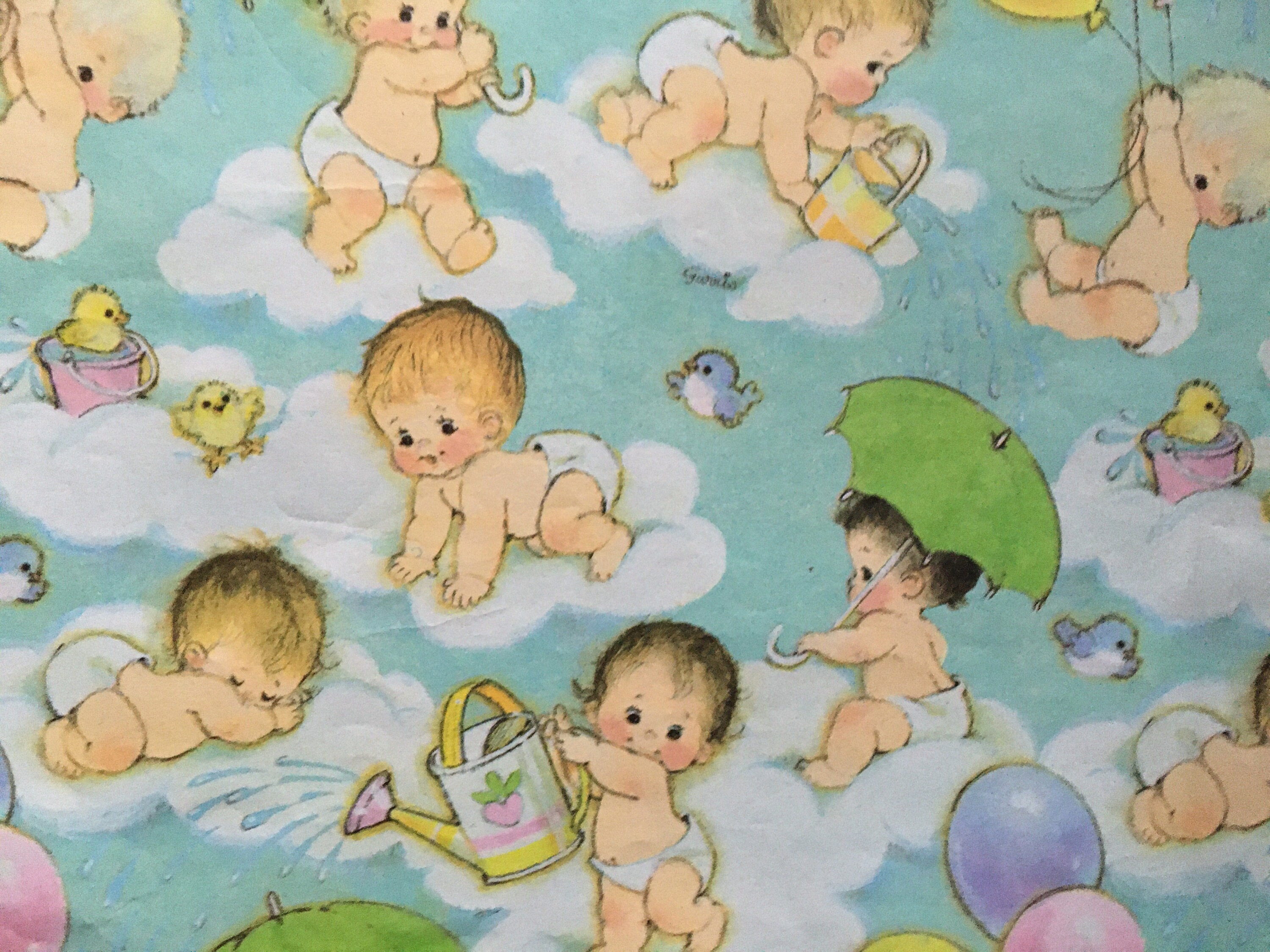 Vintage Wrapping Paper Pink and Blue Sleepyhead Babies in
