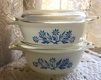 2 Anchor Hocking Fire King Blue Cornflower 12oz Mini Casserole Dish #472 Lids