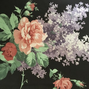 Vintage Pink Roses Purple Lilacs Flower Cottage Garden Floral Cotton Fabric
