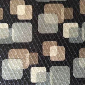 Vintage Mid Century Brown Tan Beige Squares Shiny Textured Polyester Fabric