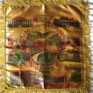 Vintage Washington D.C. Souvenir Pillow Cover: Satin Fringed Eagle Design