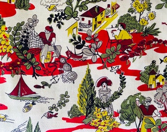 Vintage Mid Century Mediterranean Sea Village Barkcloth Fabric