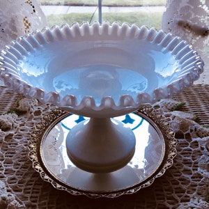 Vintage White Ruffled Edge Milk Glass Pedestal Bowl