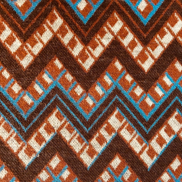 Vintage 1970's Retro Cool Brown Blue Beige Mod Zig Zag Chevron Jersey Knit Fabric