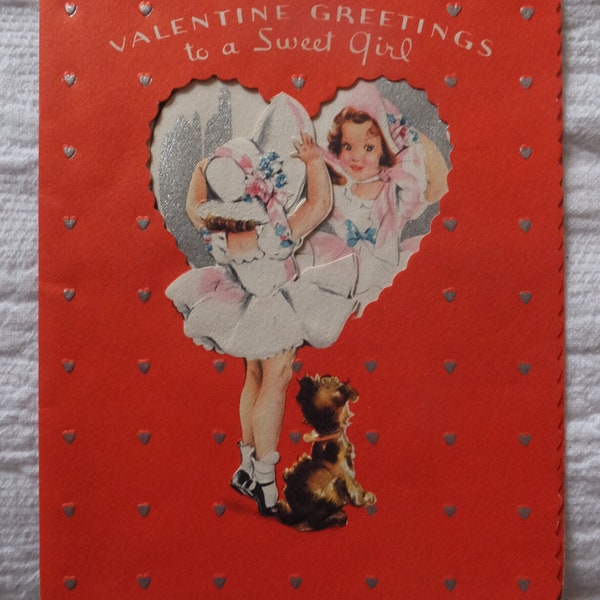 Vintage Valentine groeten aan een lief meisje 1939 meisje kijkt In de spiegel Puppy uitgesneden Valentijnskaart ongebruikte