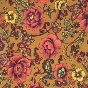 Vintage jaren 1960 SS Kresge Oranje Antiek Goud Geel Groen Paisley Floral Cottage Flower Garden Cabin Bed and Breakfast Inn Katoenstof