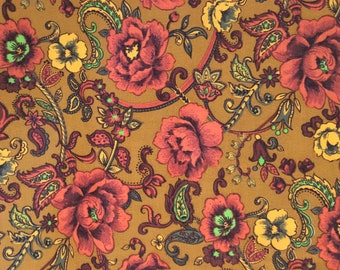 vintage années 1960 SS Kresge Orange Antique Or Jaune Vert Paisley Floral Cottage Flower Garden Cabin Bed and Breakfast Inn Cotton Fabric