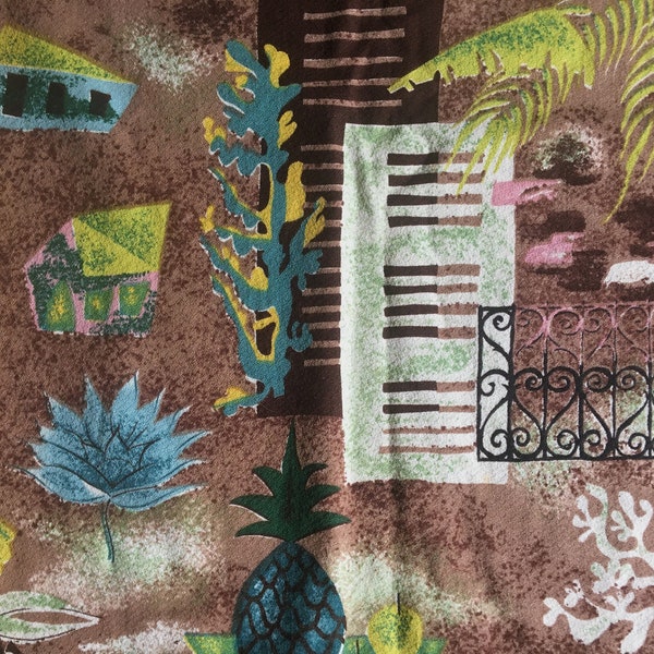 Pair Vintage 1952 Calypso Isle Riverdale Fabric by Laura Jean Allen Mid Century Tropical Island Barkcloth Curtain Panels