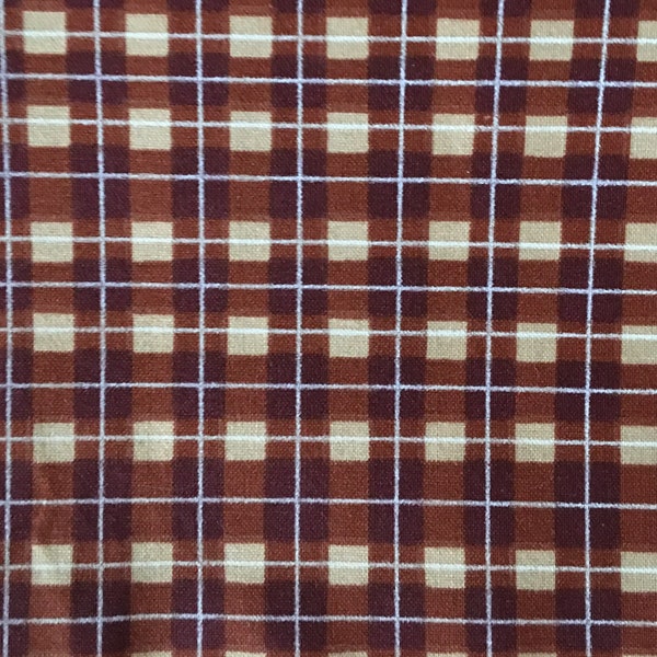 Vintage Red Brown Tan Plaid Gingham Check Cotton Fabric