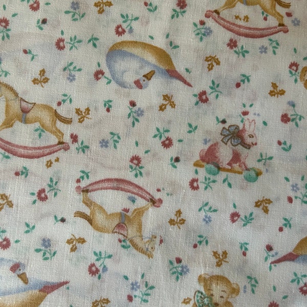 Vintage 1980’s Cuddle Prints Mint Green Mauve Pink Teddy Bears Bunny Rabbits Rocking Horse Cotton Fabric