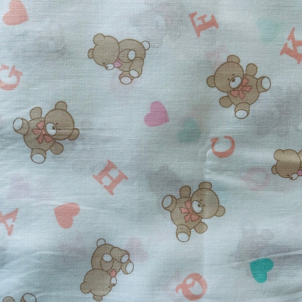 Vintage 1980’s Mint Green Peachy Pink Teddy Bears ABC’s Hearts Cotton Fabric