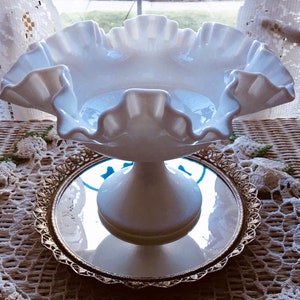 Vintage White Ruffled Edge Milk Glass Pedestal Bowl
