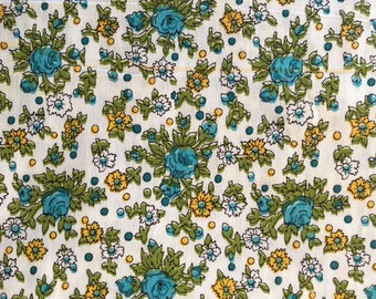 Vintage Blue Yellow Green Rose Garden Flowers Floral Cotton Fabric