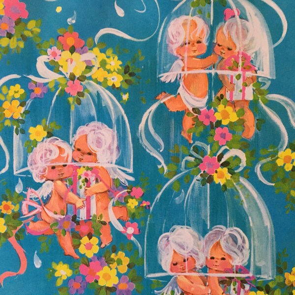 Charming Vintage 1960's Charm Craft Bridal Wedding Shower Couple in a Love Umbrella Pink Aqua Blue Orange Yellow Gift Wrap Wrapping Paper