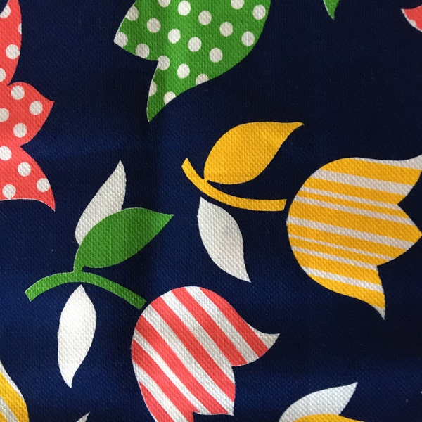 Vintage Mod 1960's Polka Dot Stripe Tulips Pink Yellow Green Navy Blue Flower Power Floral Cotton Fabric