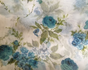 Lovely Vintage Aqua Blue Green White Rose Floral Flower Garden Sheer Nylon Fabric