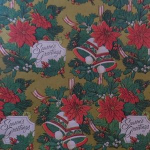 vintage Noël Saison de salutations Gold Bells Sonnerie Poinsettias Holly Cadeau Wrap Papier d’emballage