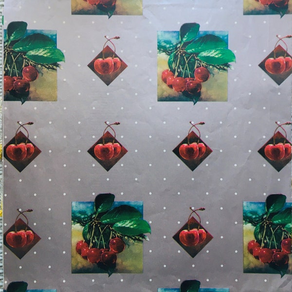 Vintage Fruit Cherry Cherries Red Silver Polka Dots Gift Wrap Wrapping Paper