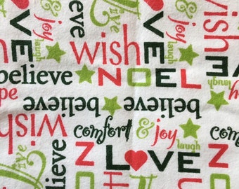 Christmas Wishes Love Believe Live Noel Hope Comfort Joy Cotton Flannel Fabric