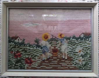 Charming Vintage Picnic At The Beach Framed Finished Needlepoint Art