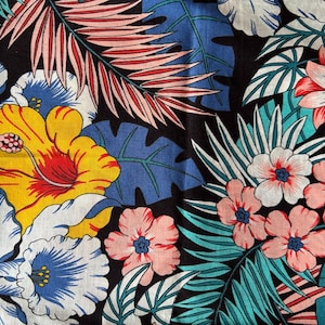 Vintage Wamsutta Hawaiian Tropical Garden Black Blue Pink Aqua Yellow Floral Cotton Fabric