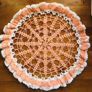 Large Vintage Hand Crochet Peachy Pink & White Round Ruffle Floral Lace Doily