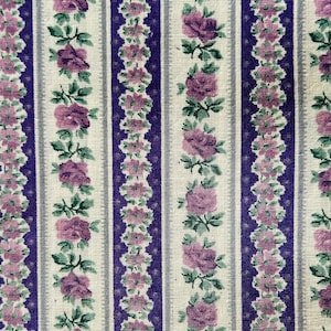 Vintage Purple Green Rose Floral Flower Cottage Garden Striped Cotton Fabric