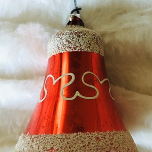 Vintage Christmas Tree Mercury Glass Stencil Red White Frosted Flocked Heart Bell Ornament