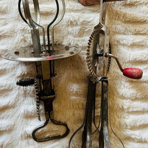 2 Antique A & J Egg Beater Jar Top Metal Handle Hand Mixer Works and High Speed Super Center Drive Beater Works