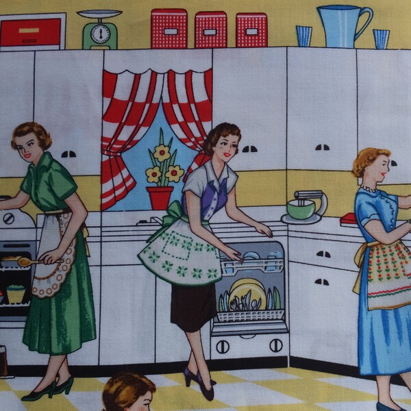 Vintage 1960 's retro keuken bakken taarten brood koken Turkije Casserole aqua blauw rood gele Michael Miller katoenweefsel