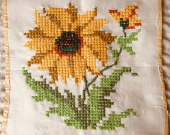 Vintage Hand Embroidered Cross Stitch Yellow Sunflower Flowers Floral Cottage Garden Finished Needlepoint Art