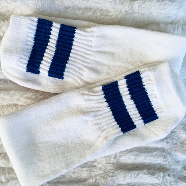 Pair Vintage 1980's Retro Old School Over The Calf Blue White Striped Tube Socks