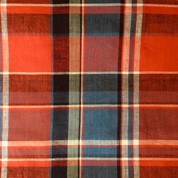 Vintage Blue Red Green White Plaid Cotton Fabric