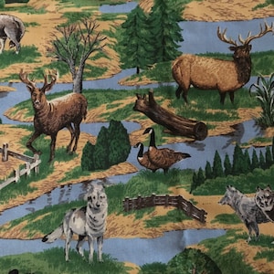 Vintage Cabin Cottage Woods Outdoor Wildlife Deer Antelope Wolf Duck Cotton Fabric