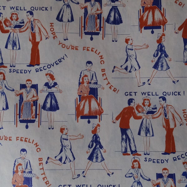 Vintage Emerson Get Well Speedy Recovery Feel Better New Baby Doctor Nurse Hospital Patient Gift Wrapping Paper