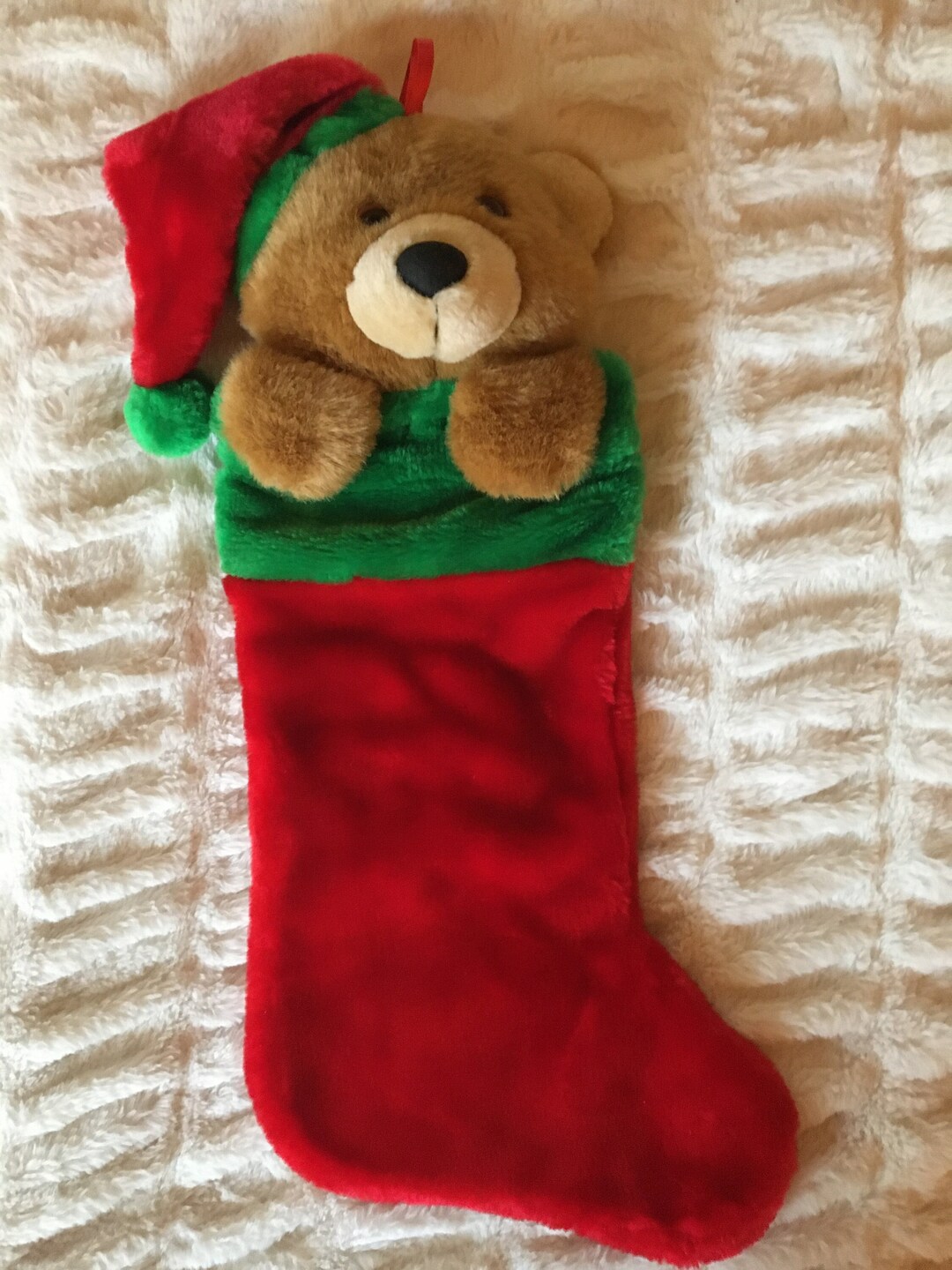 Vintage Plush Teddy Bear in Santa Hat Christmas Stocking Etsy