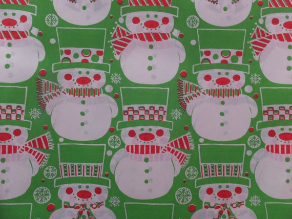 Vintage Christmas Wrapping Paper Snowman Green Hat & Scarf on Red One Flat  Sheet Christmas Wrapping Paper 
