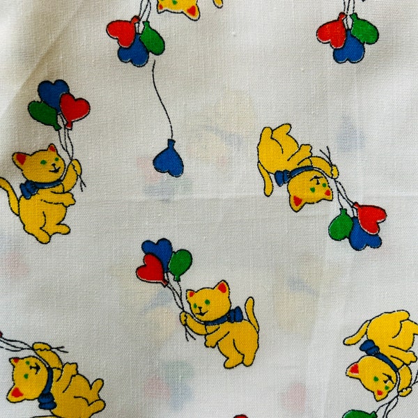 Vintage Kitty Cats Holding Heart Balloons Yellow Red Blue Green Cotton Fabric