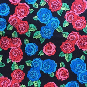 Vintage David Textiles Red Blue Rose Roses Black Background Cotton Fabric